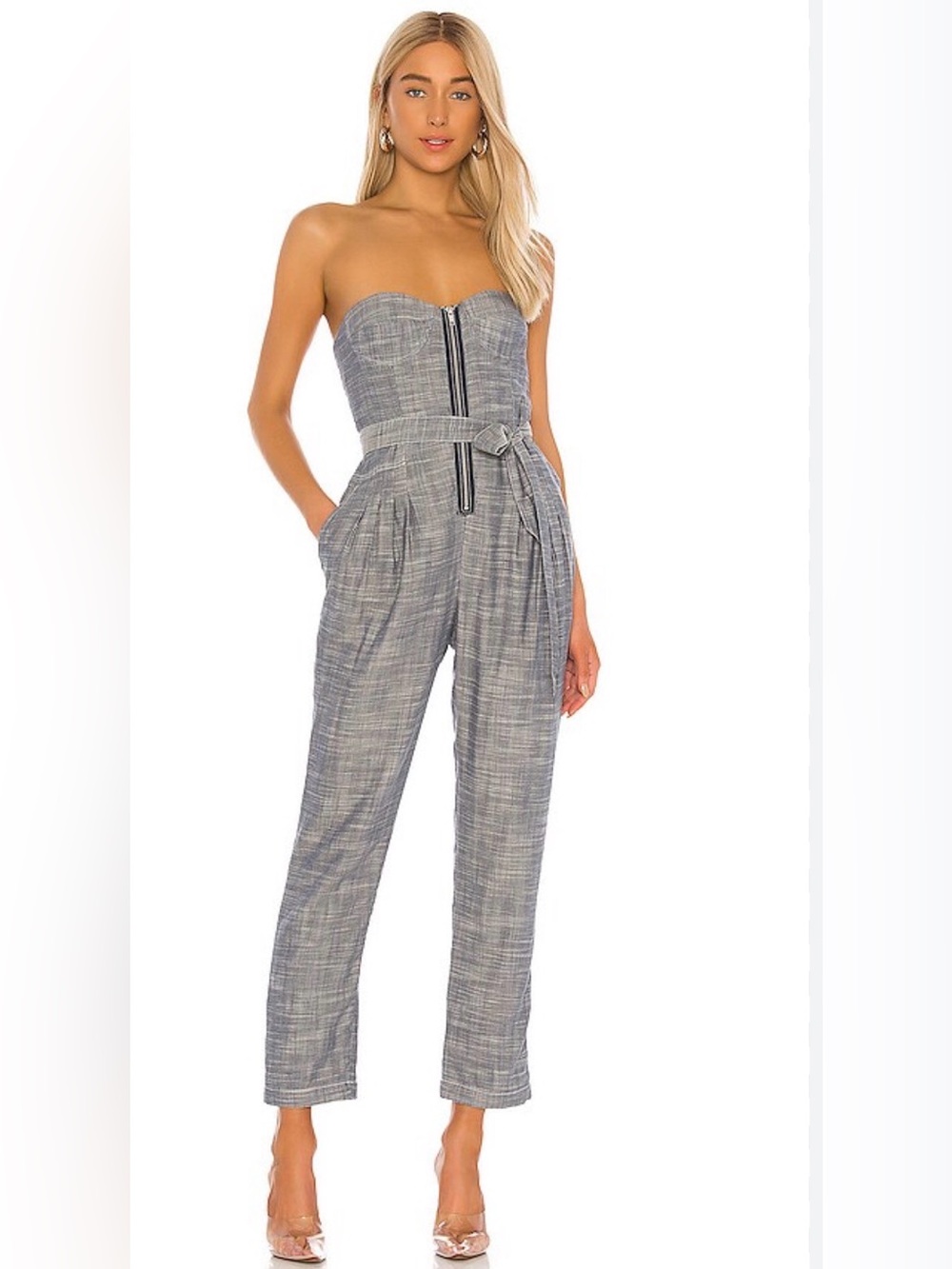 NWT L'Academie Strapless Herringbone Zip-Front Jumpsuit in Gray